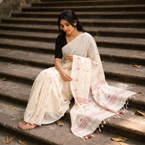 White Handloom Cotton Phulia Jamdani Saree, draped and worn by a woman, AI visual of the saree, iTokri