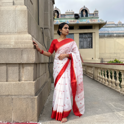 White Handloom Cotton Phulia Jamdani Saree, draped and worn by a woman, AI visual of the saree, iTokri