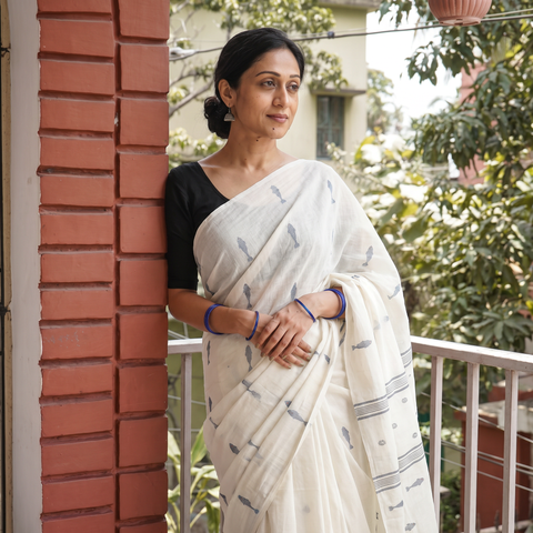 Beige Handloom Cotton Phulia Jamdani Saree with Tassels, draped and worn by a woman, AI visual of the saree, iTokri
