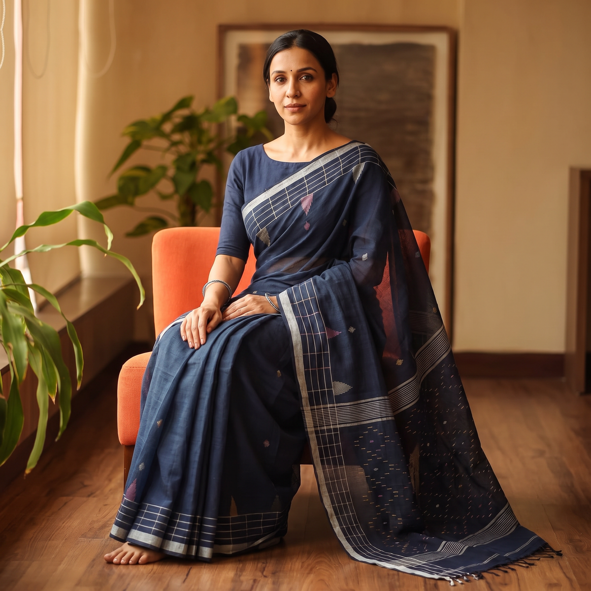 Blue Handloom Cotton Phulia Jamdani Saree with Tassels, draped and worn by a woman, AI visual of the saree, iTokri