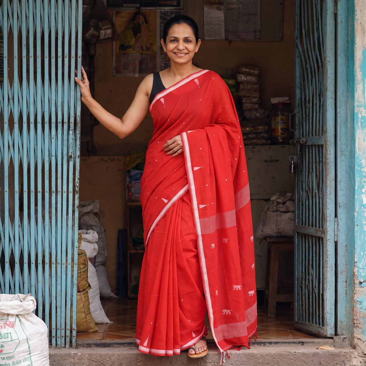 Red Handloom Cotton Phulia Jamdani Saree with Tassels, draped and worn by a woman, AI visual of the saree, iTokri