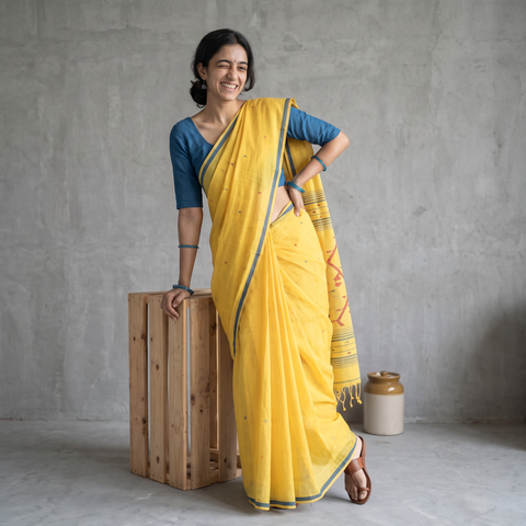 Yellow Handloom Cotton Phulia Jamdani Saree with Tassels, draped and worn by a woman, AI visual of the saree, iTokri