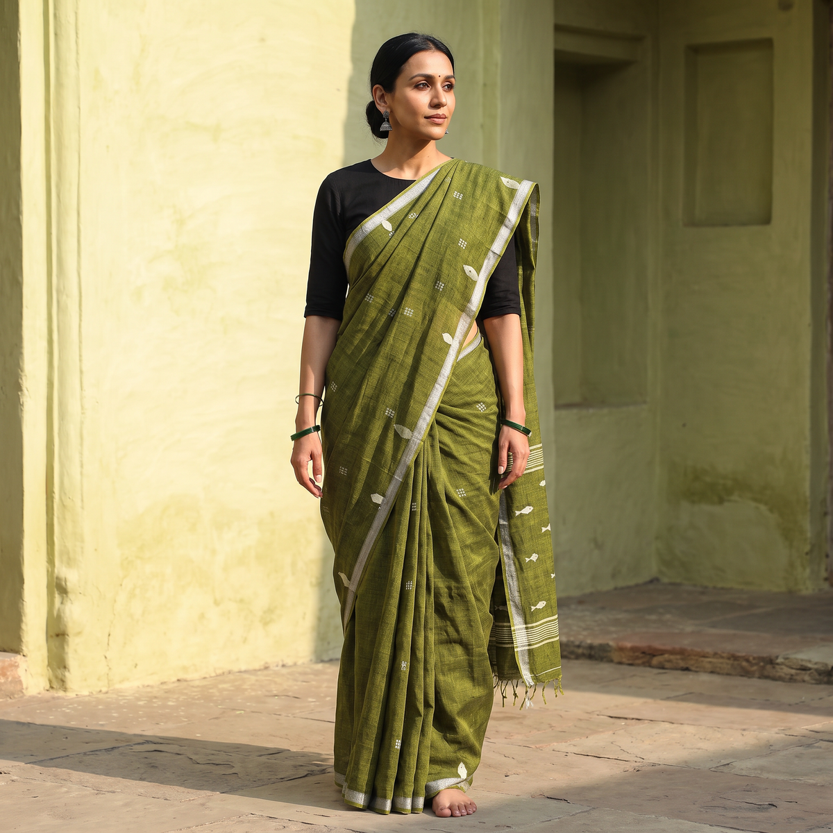 Green Handloom Cotton Phulia Jamdani Saree with Tassels, draped and worn by a woman, AI visual of the saree, iTokri