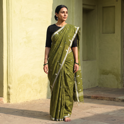 Green Handloom Cotton Phulia Jamdani Saree with Tassels, draped and worn by a woman, AI visual of the saree, iTokri