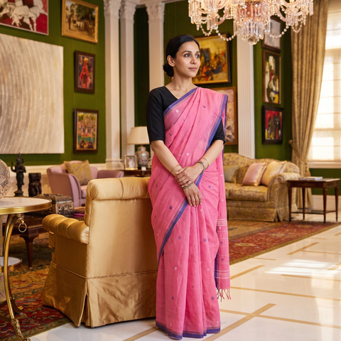 Pink Handloom Cotton Phulia Jamdani Saree with Tassels, draped and worn by a woman, AI visual of the saree, iTokri