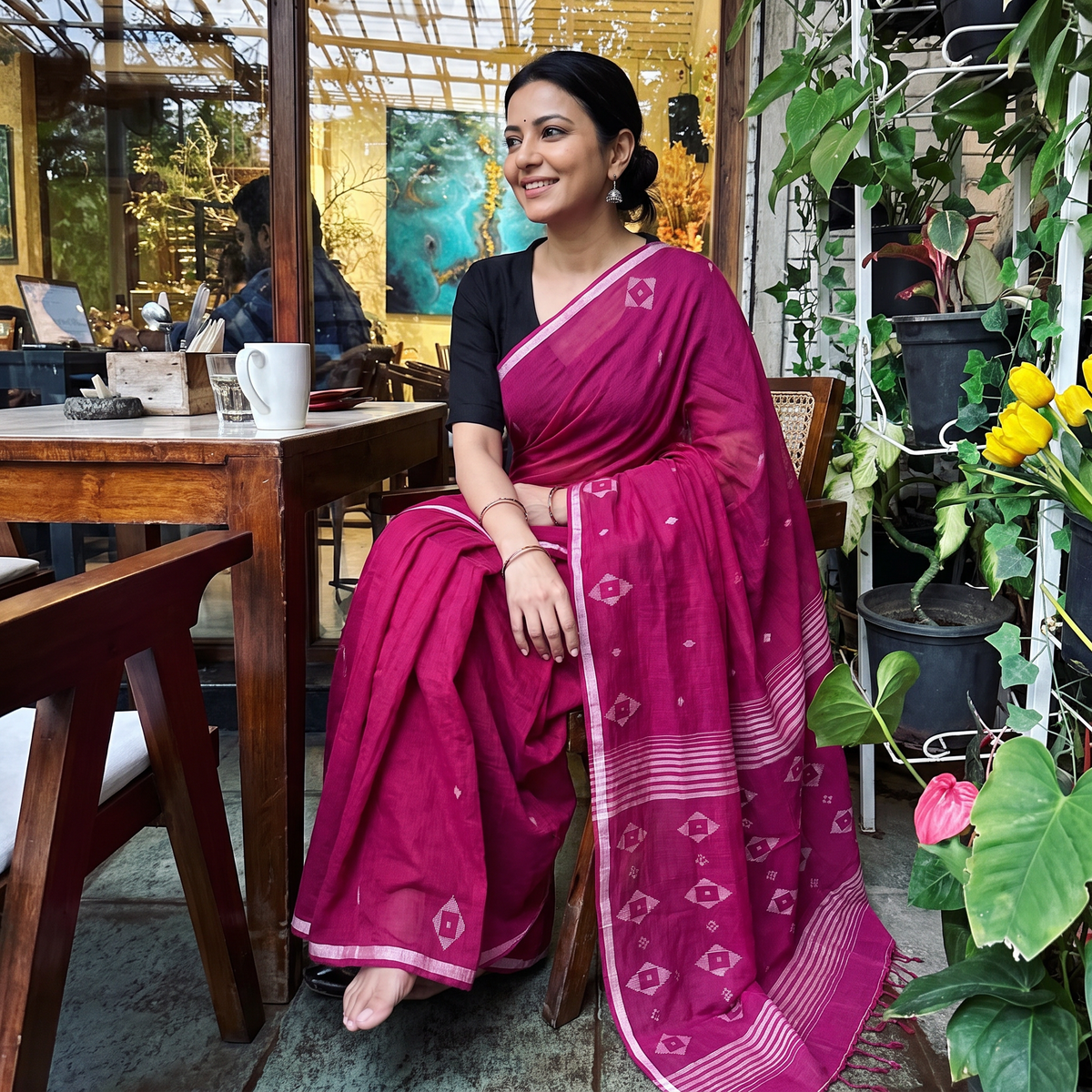 Purple Handloom Cotton Phulia Jamdani Saree with Tassels, draped and worn by a woman, AI visual of the saree, iTokri