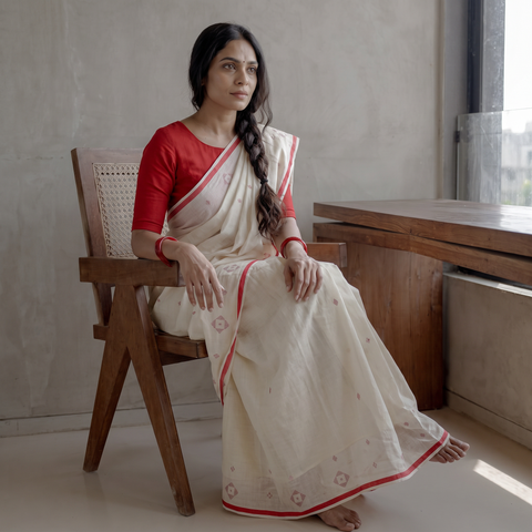 White Handloom Cotton Phulia Jamdani Saree with Tassels, draped and worn by a woman, AI visual of the saree, iTokri