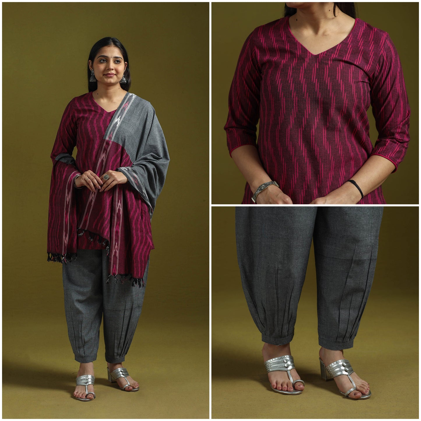 Handloom cotton pochampally ikat 3pc kurta set for women 01