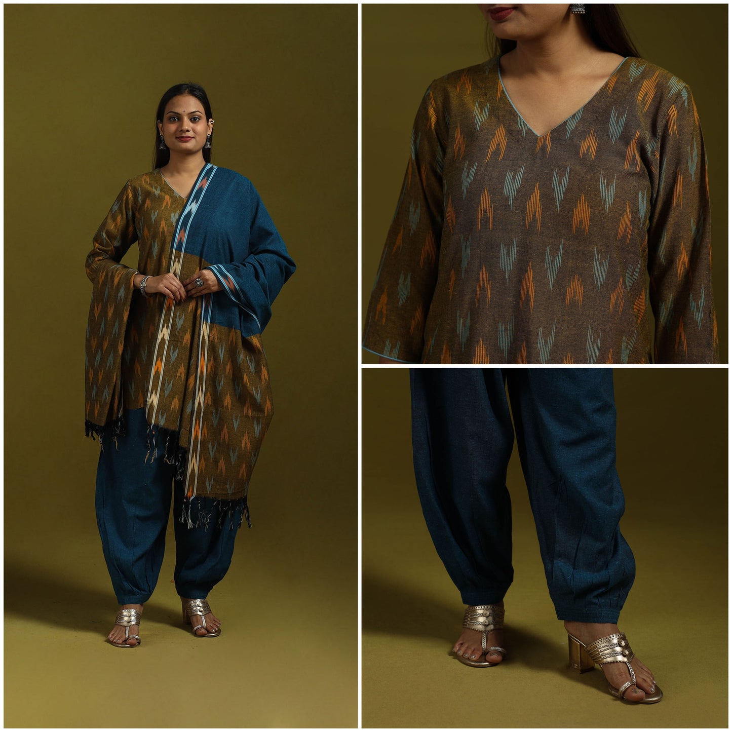 Handloom cotton pochampally ikat 3pc kurta set for women 03