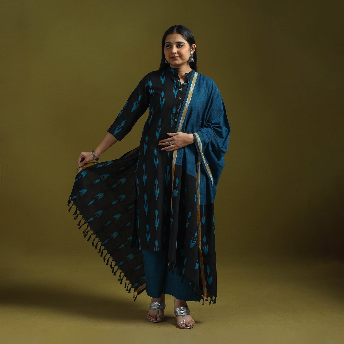 Handloom cotton pochampally ikat 3pc kurta set for women 09