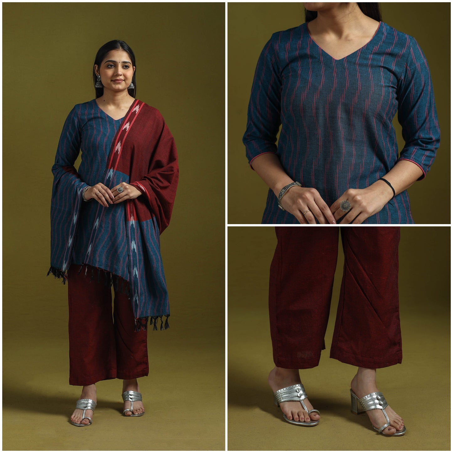 Handloom cotton pochampally ikat 3pc kurta set for women 16