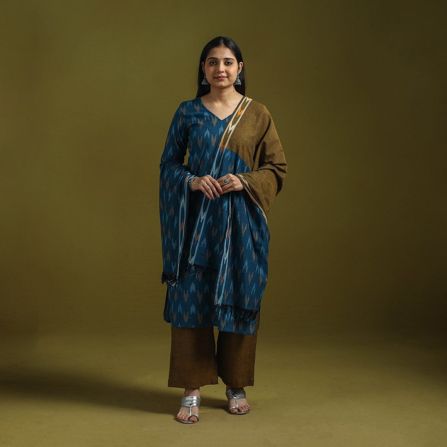 Handloom cotton pochampally ikat 3pc kurta set for women 17