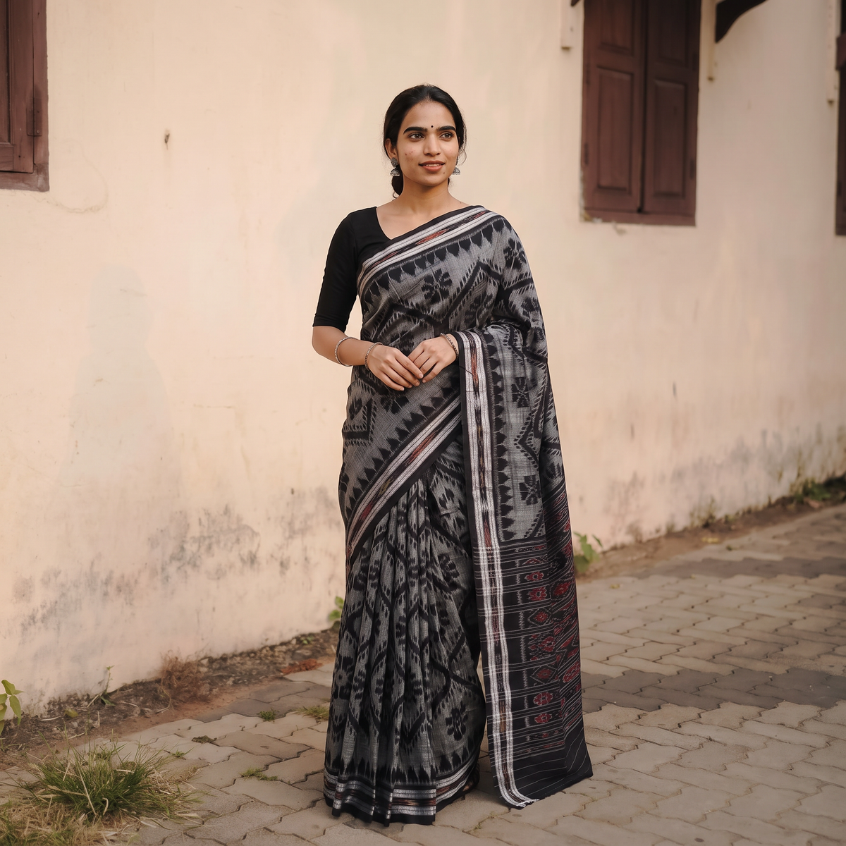 Grey Handloom Cotton Sambalpuri Ikat Saree, draped and worn by a woman, AI visual of the saree, iTokri
