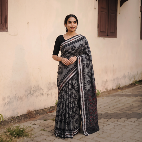 Grey Handloom Cotton Sambalpuri Ikat Saree, draped and worn by a woman, AI visual of the saree, iTokri