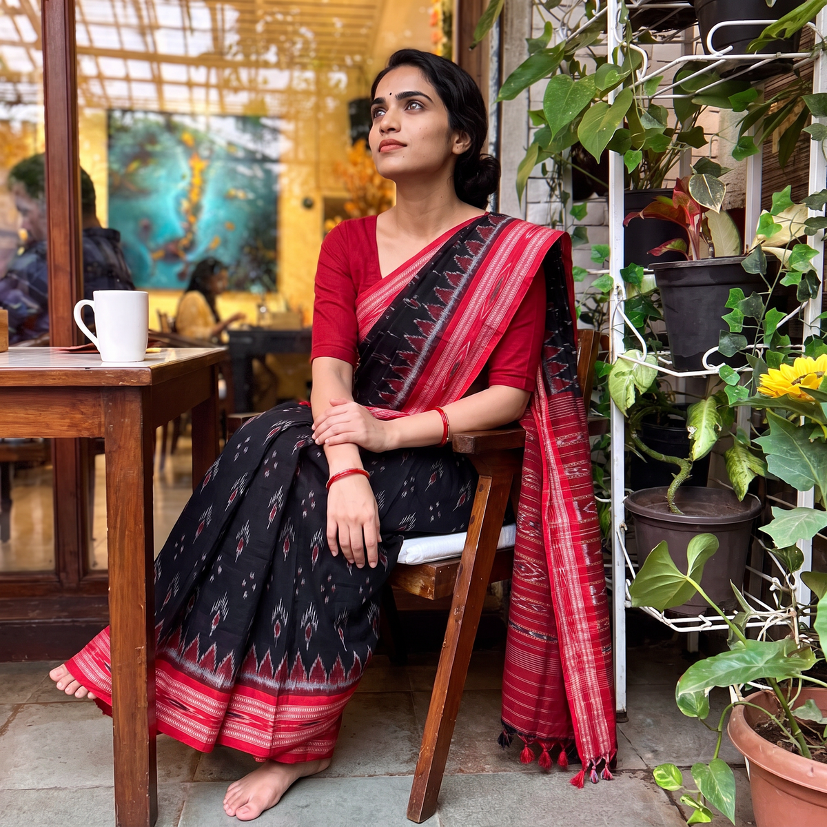 Black Handloom Cotton Sambalpuri Ikat Saree, draped and worn by a woman, AI visual of the saree, iTokri