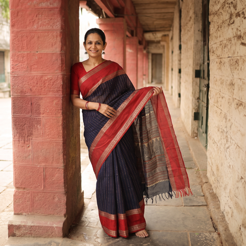 Black Handloom Cotton Thread Border Kanchipuram Saree, draped and worn by a woman, AI visual of the saree, iTokri