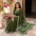 Green Handloom Cotton Thread Border Mangalagiri Saree, draped and worn by a woman, AI visual of the saree, iTokri