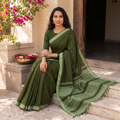 Green Handloom Cotton Thread Border Mangalagiri Saree, draped and worn by a woman, AI visual of the saree, iTokri