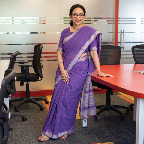 Purple Handloom Cotton Thread Border Mangalagiri Saree, draped and worn by a woman, AI visual of the saree, iTokri