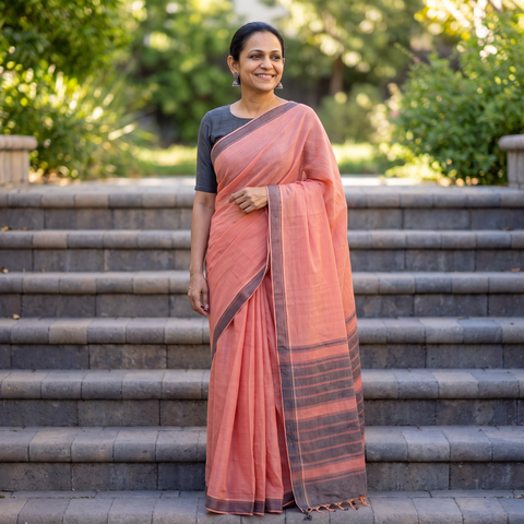 Peach Handloom Cotton Thread Border Mangalagiri Saree, draped and worn by a woman, AI visual of the saree, iTokri