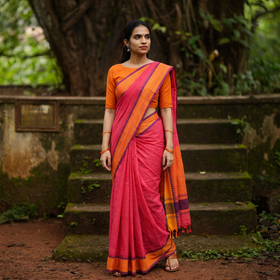 Orange Handloom Cotton Thread Border Mangalagiri Saree, draped and worn by a woman, AI visual of the saree, iTokri