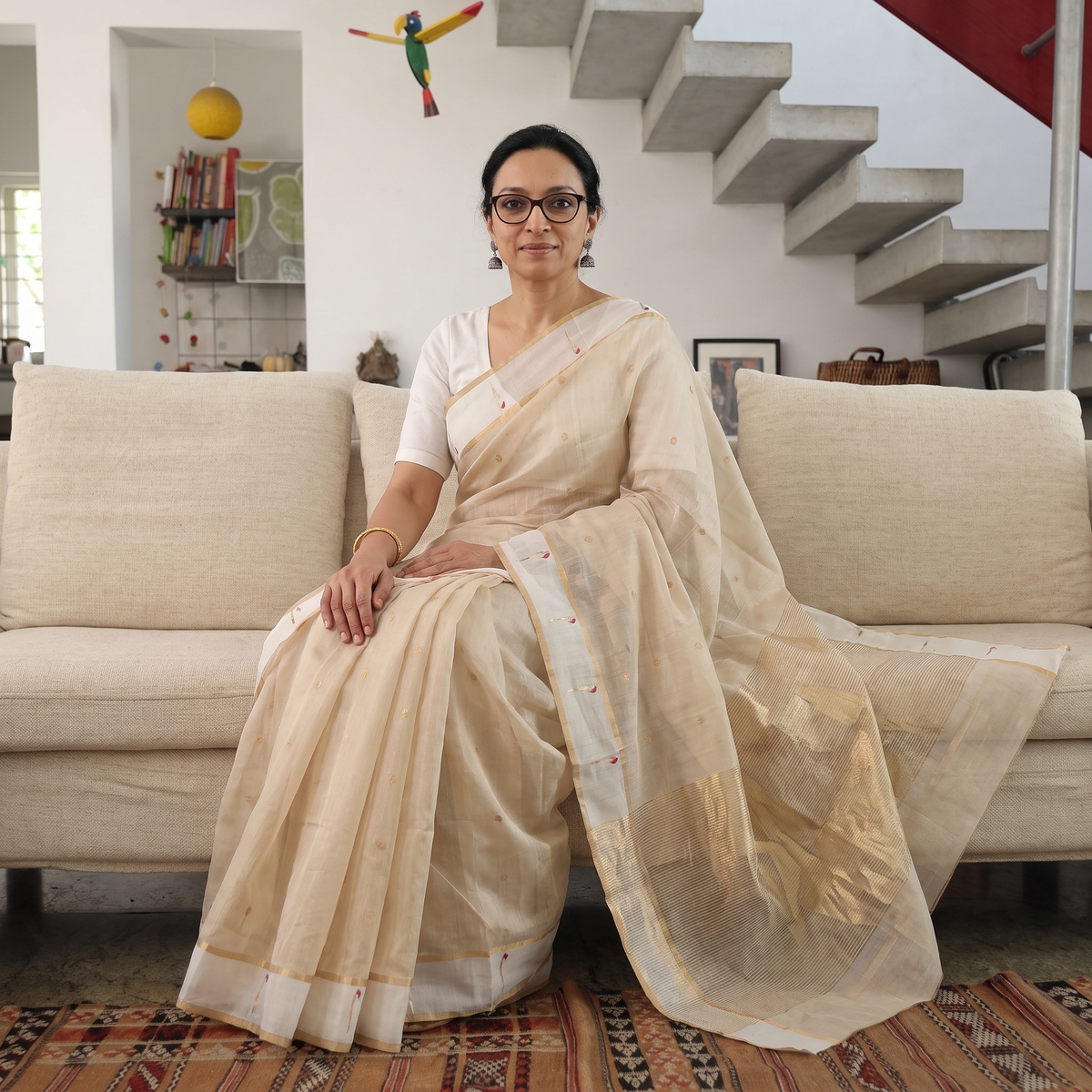 Beige Handloom Cotton Tissue Zari Buti Chanderi Saree, draped and worn by a woman, AI visual of the saree, iTokri