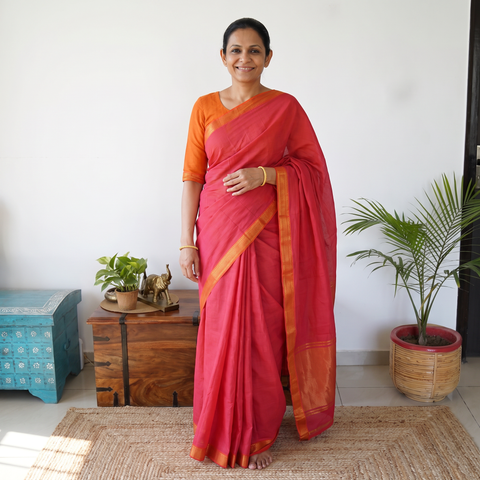 Pink Handloom Cotton Zari Border Mangalagiri Saree, draped and worn by a woman, AI visual of the saree, iTokri