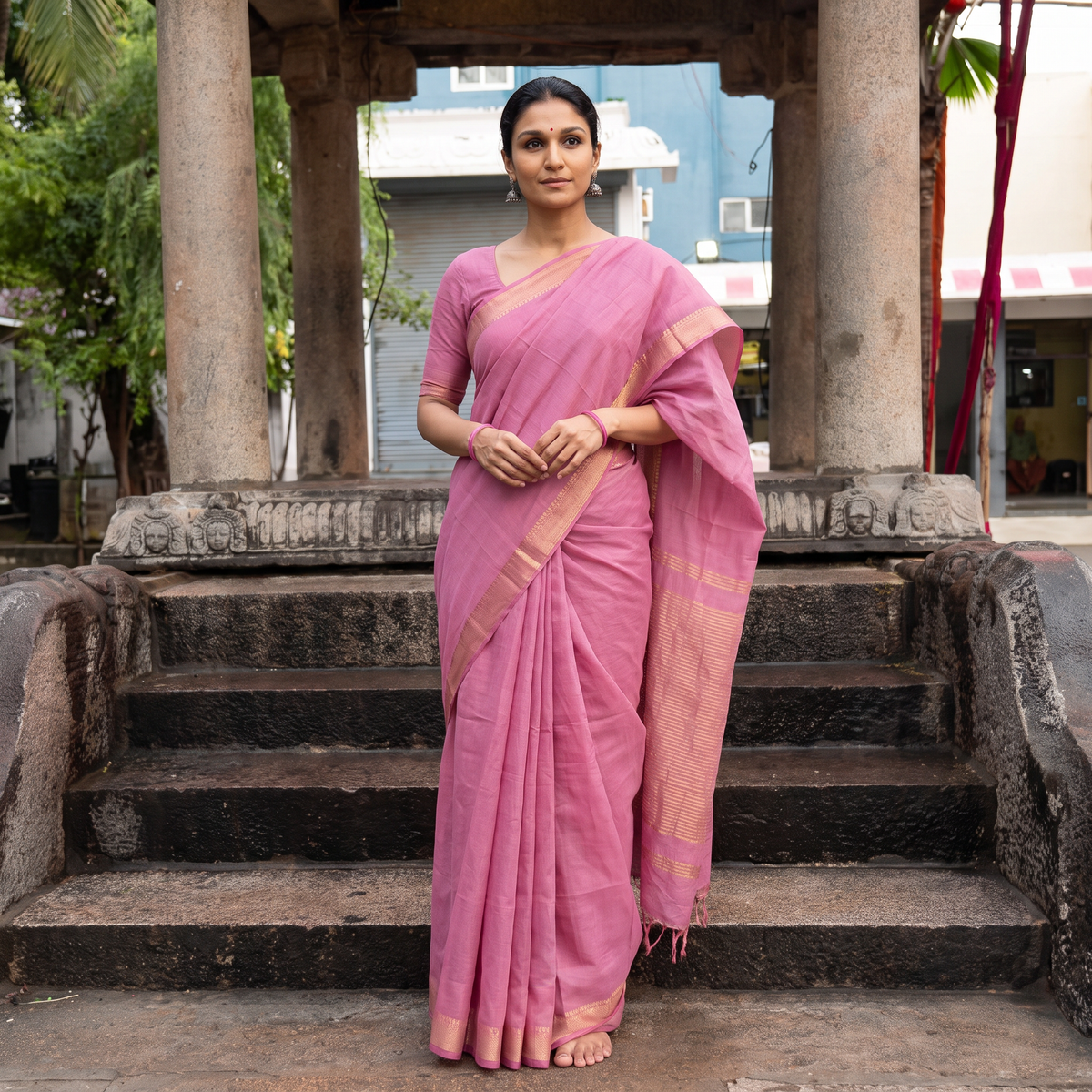 Purple Handloom Cotton Zari Border Mangalagiri Saree, draped and worn by a woman, AI visual of the saree, iTokri