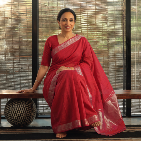 Pink Handloom Cotton Zari Border Mangalagiri Saree, draped and worn by a woman, AI visual of the saree, iTokri