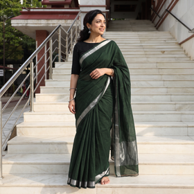 Green Handloom Cotton Zari Border Mangalagiri Saree, draped and worn by a woman, AI visual of the saree, iTokri