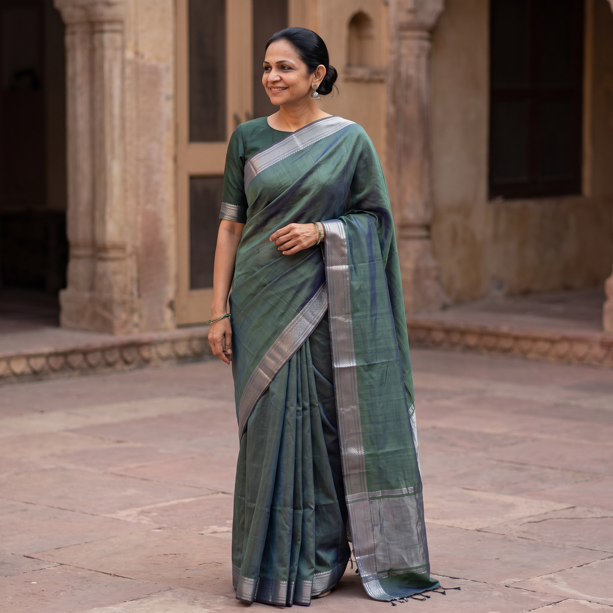 Green Handloom Cotton Zari Border Mangalagiri Saree, draped and worn by a woman, AI visual of the saree, iTokri