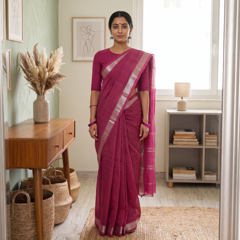 Pink Handloom Cotton Zari Border Mangalagiri Saree, draped and worn by a woman, AI visual of the saree, iTokri