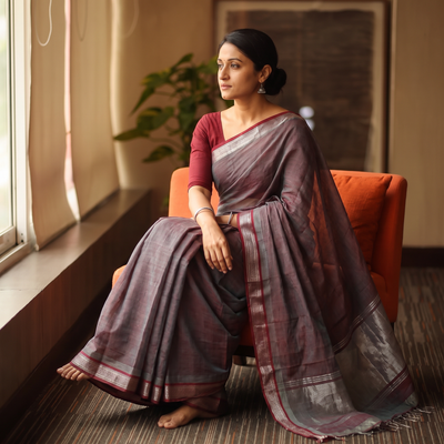 Purple Handloom Cotton Zari Border Mangalagiri Saree, draped and worn by a woman, AI visual of the saree, iTokri