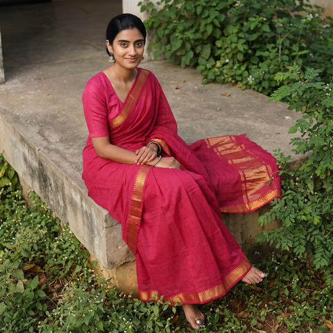 Pink Handloom Cotton Zari Border Mangalagiri Saree, draped and worn by a woman, AI visual of the saree, iTokri
