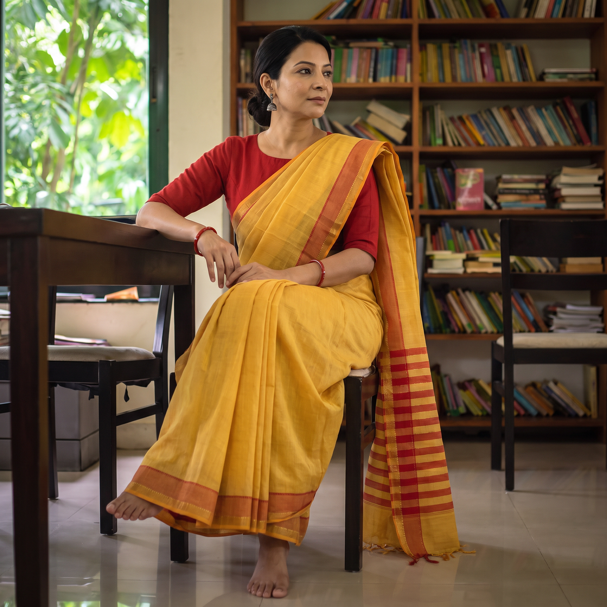 Yellow Handloom Cotton Zari Border Mangalagiri Saree, draped and worn by a woman, AI visual of the saree, iTokri