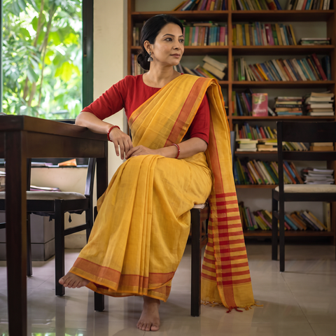 Yellow Handloom Cotton Zari Border Mangalagiri Saree, draped and worn by a woman, AI visual of the saree, iTokri