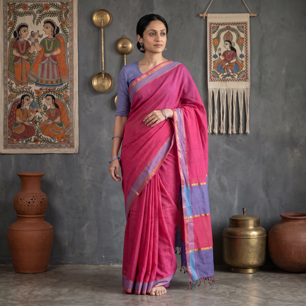 Pink Handloom Cotton Zari Border Mangalagiri Saree, draped and worn by a woman, AI visual of the saree, iTokri