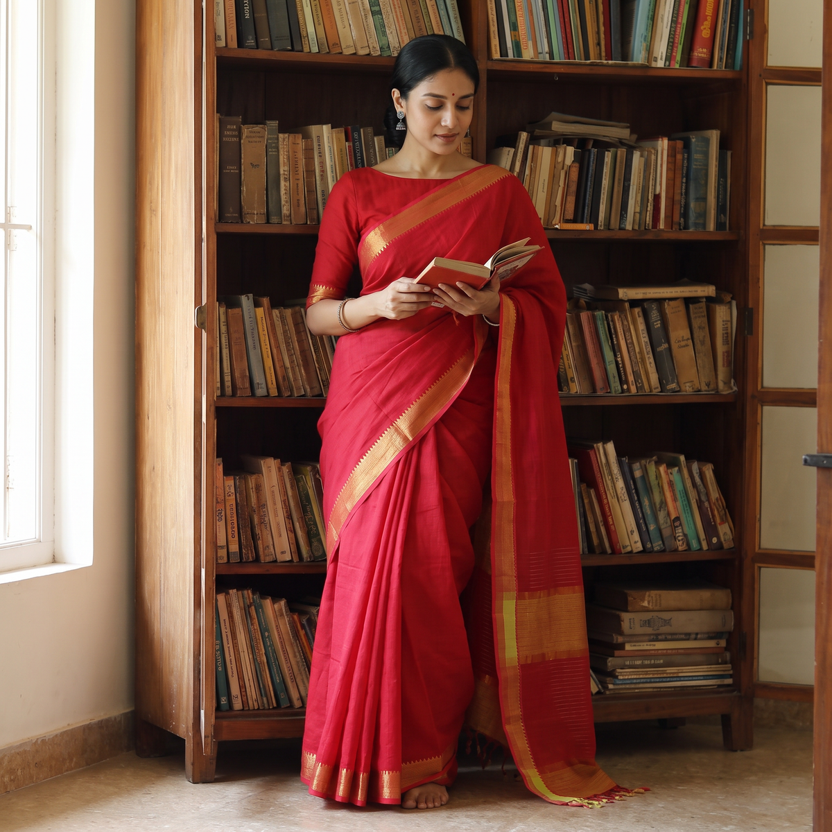 Pink Handloom Cotton Zari Border Mangalagiri Saree, draped and worn by a woman, AI visual of the saree, iTokri