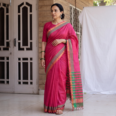 Pink Handloom Cotton Zari Border Mangalagiri Saree, draped and worn by a woman, AI visual of the saree, iTokri