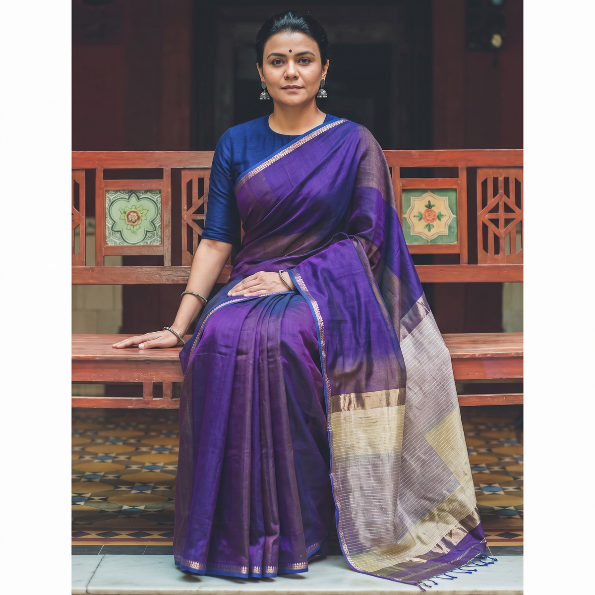 Blue Handloom Kosa Pallu Maheshwari Silk Saree, draped and worn by a woman, AI visual of the saree, iTokri