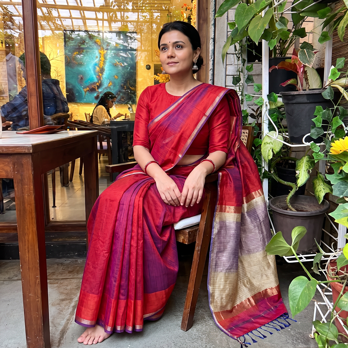 Orange Handloom Kosa Pallu Maheshwari Silk Saree, draped and worn by a woman, AI visual of the saree, iTokri