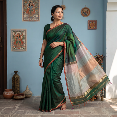Green Handloom Kosa Pallu Maheshwari Silk Saree, draped and worn by a woman, AI visual of the saree, iTokri