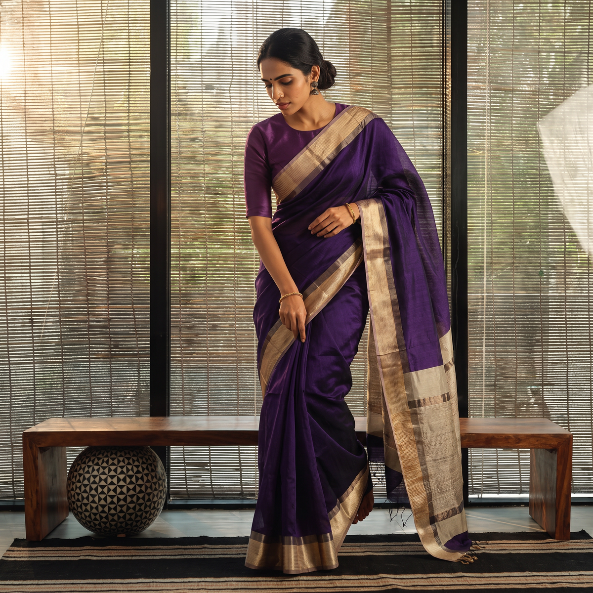 Purple Handloom Maheshwari Silk Saree with Ghicha Pallu Resham Border, draped and worn by a woman, AI visual of the saree, iTokri