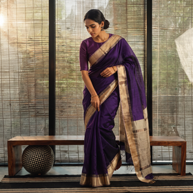 Purple Handloom Maheshwari Silk Saree with Ghicha Pallu Resham Border, draped and worn by a woman, AI visual of the saree, iTokri