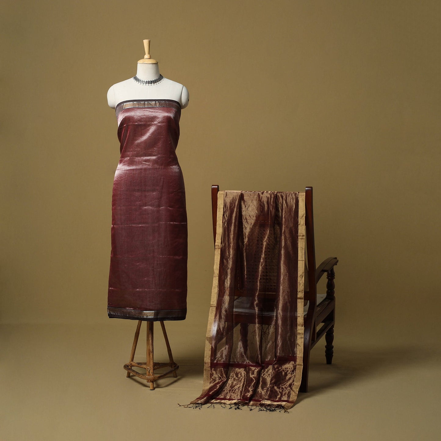 Handloom maheshwari silk tissue zari stripes 2pc unstitched