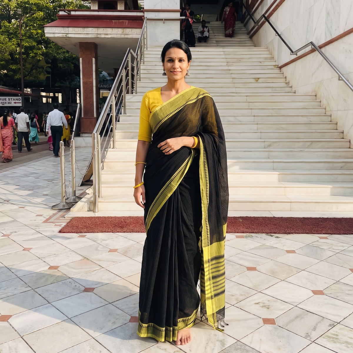 Black Handloom Missing Checks Cotton Mangalagiri Saree, draped and worn by a woman, AI visual of the saree, iTokri