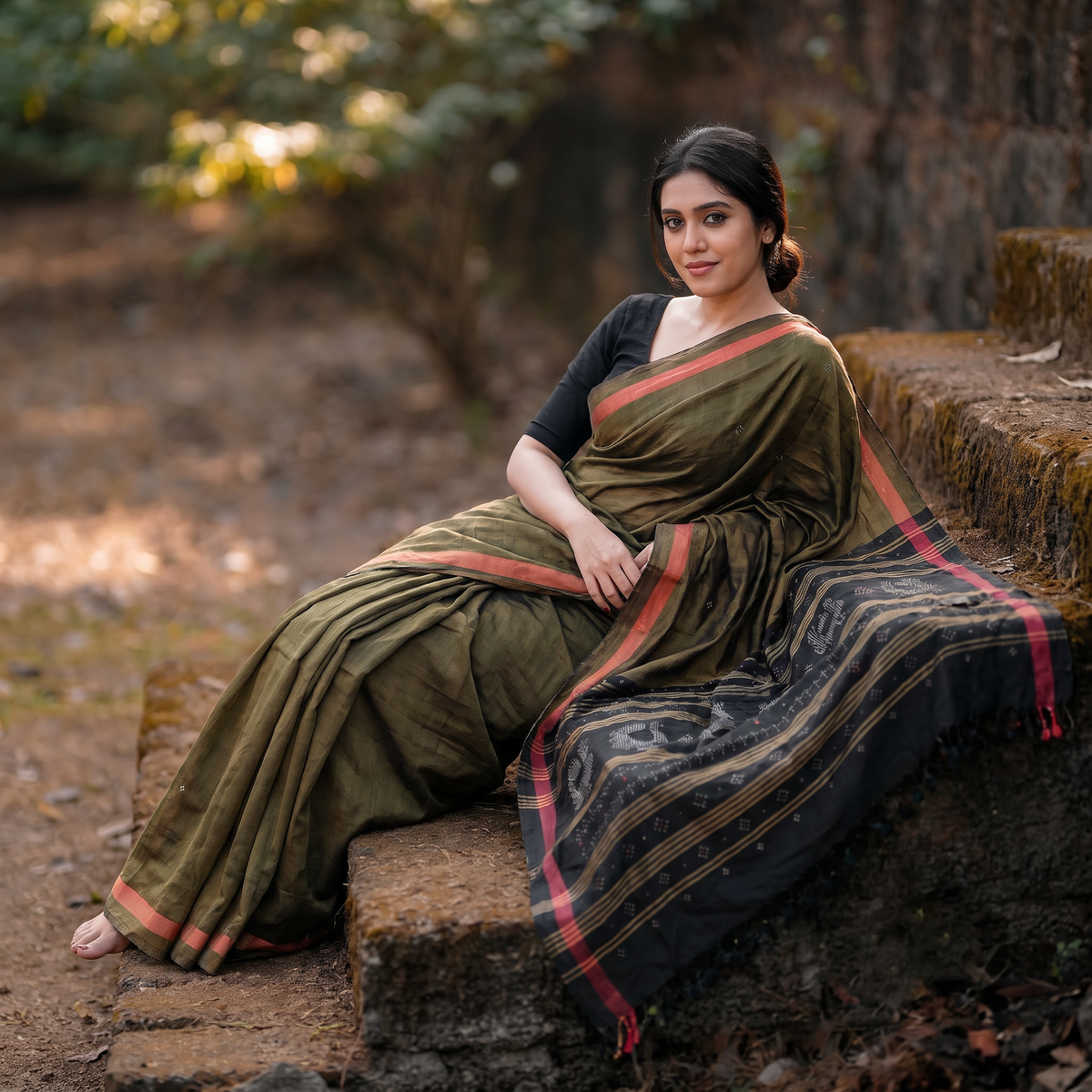 Brown Handloom Mulberry Silk Cotton Tangaliya Saree, draped and worn by a woman, AI visual of the saree, iTokri