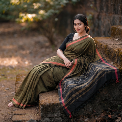 Brown Handloom Mulberry Silk Cotton Tangaliya Saree, draped and worn by a woman, AI visual of the saree, iTokri