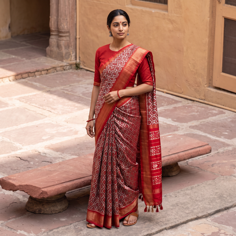 Red Handloom Mulberry Silk Patola Ikat Pochampally Saree, draped and worn by a woman, AI visual of the saree, iTokri