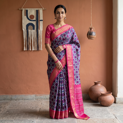 Purple Handloom Mulberry Silk Patola Ikat Pochampally Saree, draped and worn by a woman, AI visual of the saree, iTokri